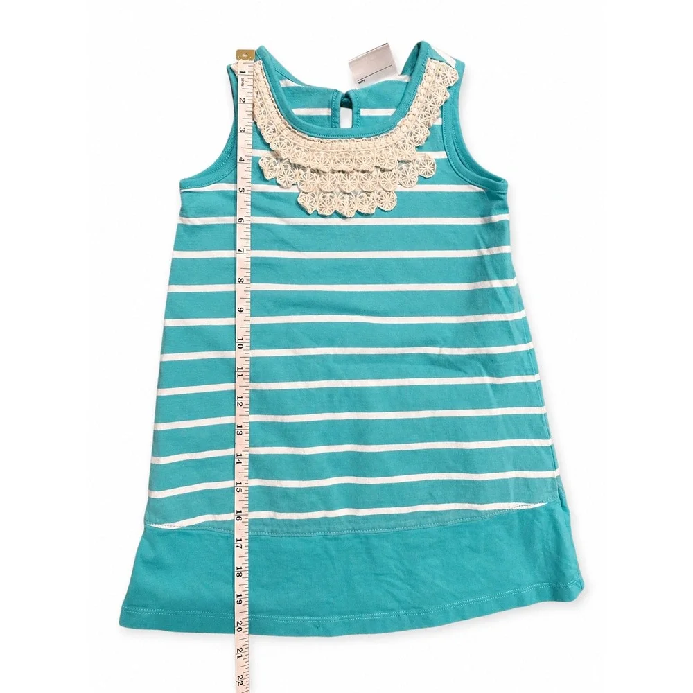 Hanna Andersson Girls Turquoise White Striped Crochet Lace Collar Dress 100 4T